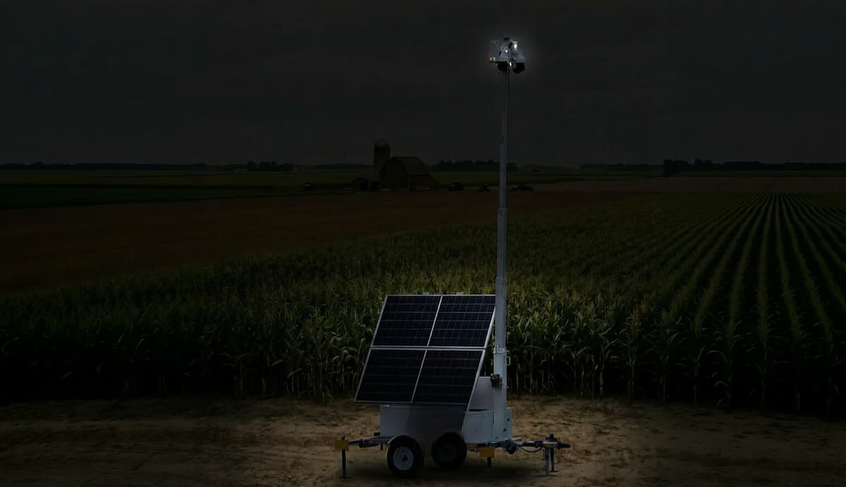 Solar powered mobile Archon unit in cornfield at night