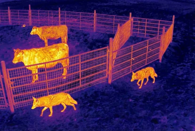 Thermal view of cattle with coyotes prowling outside fence