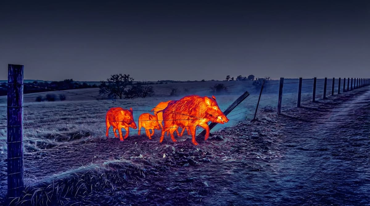 Wild hogs breaking through fence at night - thermal view